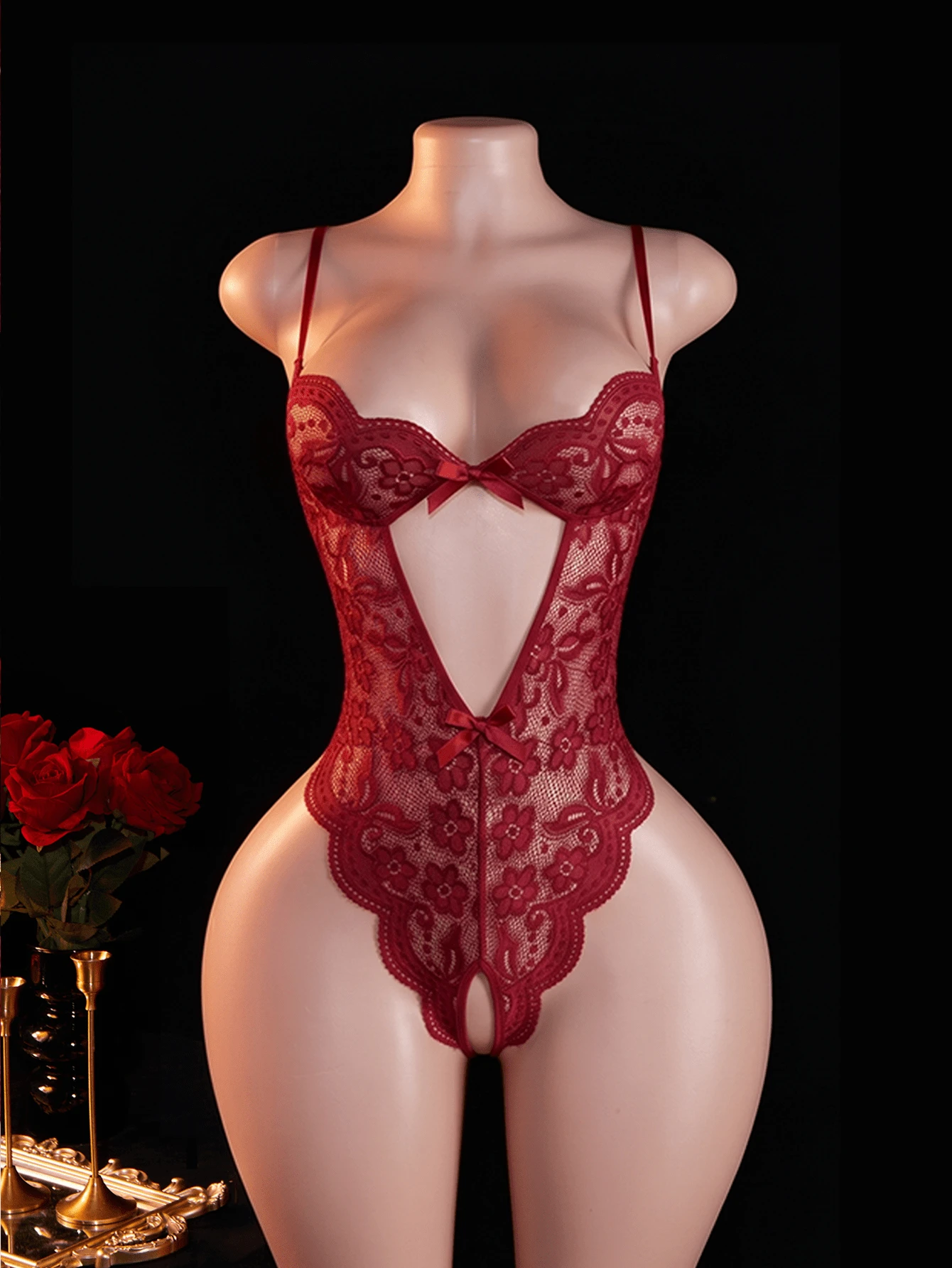 1pc Women's Sexy Open Crotch Lace Jumpsuit, Backless Sheer Bow Teddy, No-Removal Lingerie For Home Or Private Party - Burgundy - View 1