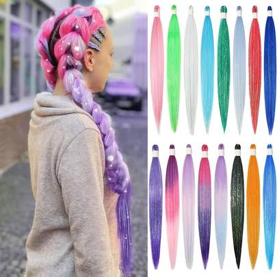 Piece 28 Inch Colorful EZ Crochet Set, St. Patrick's Christmas Rainbow Hair Extensions, Including (2 Gold Threads, 1 EZ Braid) Holiday Hair Accessories, Party Hair Accessories, Bright And Shiny Hair Bundles Suitable For Parties And Holidays