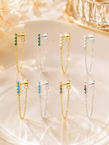 FOREVER QUEEN 1PC 925 Sterling Silver Chain Loop Stud Earring For Women, Colorful CZ Bar Front Back Chain Dangle Earring, Minimalist Cartilage Piercing Jewelry - Single Earring - View 2