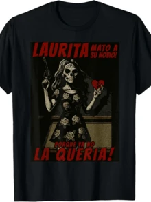 Silhouette Of A Skull Woman Wearing A Dress Of Roses And A Broken Heart, Pop Art Style Women's T-Shirt With A Bold Print And Rebellious Theme - 黑色 - 查看 8