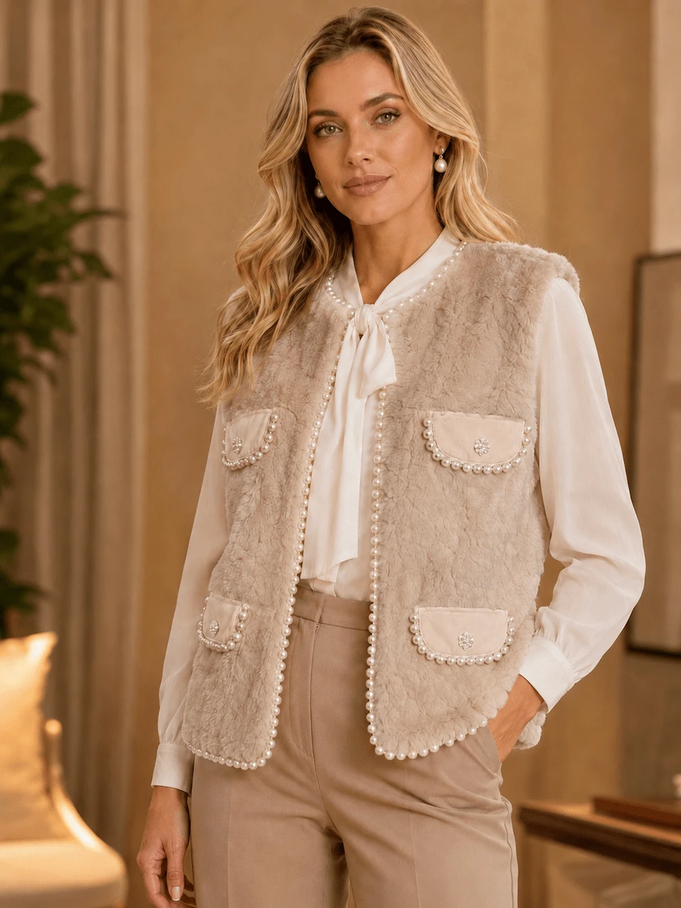 Elegant White Women's Outfit With Cropped Jacket And Short Skirt, Embroidered With Sparkling Rhinestones. A Sophisticated Feminine Look For Parties, Work, Dates, And Special Occasions. - 杏色 - 查看 1