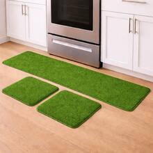 Set Of 3 Non-Slip Kitchen Mats, Low Pile, Washable - Green Grass - View 1