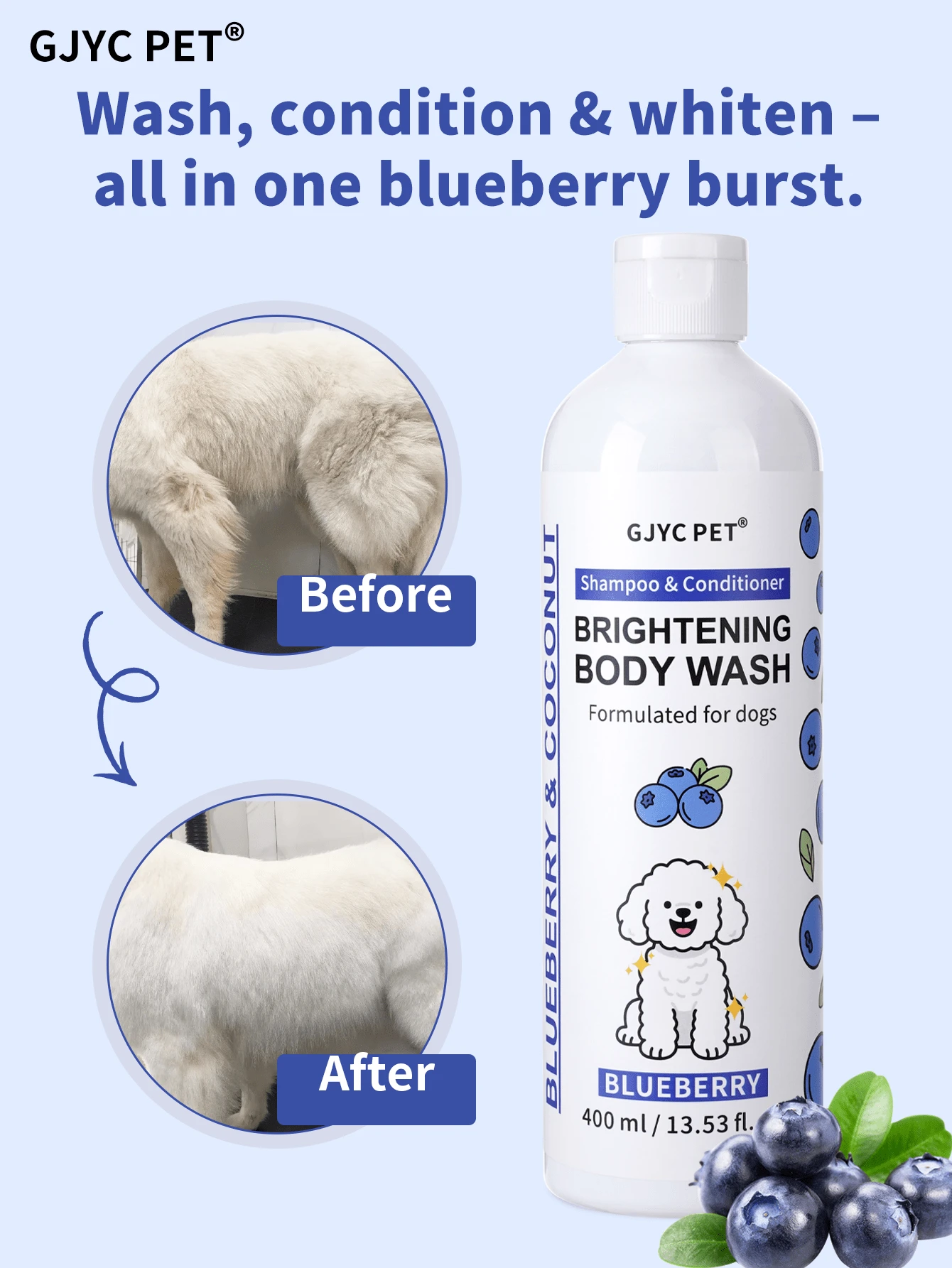 GJYC PET Dog Whitening Shampoo - Pet Grooming Brightening Shampoo, Creates Bright White Fur - Enhances Shine And Softness
