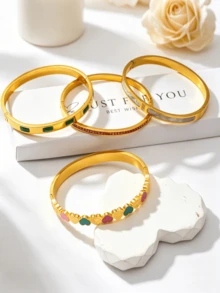 4pcs/1pc 304 Stainless Steel Bracelet Set, Suitable For Women's Daily Wear, Luxurious And Elegant Wrist Jewelry, Gift For Girlfriend Or Mother - Multicolor - View 8