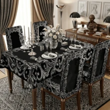 1/4/5/6/7 pezzi Set di coprisedia/coprisedia con stampa a motivo barocco nero & argento, adatto per interni domestici, ristoranti, hotel, scelta ideale per la decorazione quotidiana moderna. Tovaglia adatta per tavolo da pranzo quadrato, coprisedia elastico lavabile. - Multicolore - Visualizzare 3
