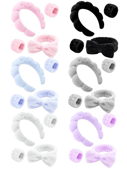 SPA Headband, Makeup Headband, Facial Care Headband, Skincare Headband, Pink Plush Plush Sponge Headband, Bow, Hair Tie, SPA Headband, Wristband, Women And Girls Hair Accessories Set (4pcs/Set)