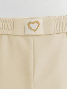 Women's 2-Piece Casual Outfit, Solid Color Short Sleeve Top Paired With Heart Logo Print Pants, Suitable For Spring/Autumn Casual Wear Summer Elegant - Apricot 43 - View 7