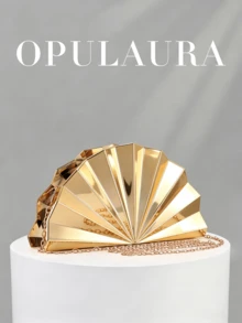 OpulAura 欧美时尚金属光泽扇形设计女士手拿包，几何盒形手提包，磁扣开合，完美适用于派对、婚礼、毕业典礼、晚宴、生日、舞会等场合。 - 金色 - 查看 2