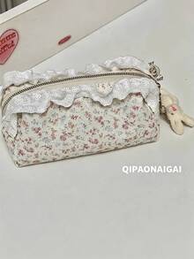 1件可愛甜美風粉藍花卉帆布筆袋，附蕾絲荷葉邊飾，大容量長方形拉鍊收納袋，化妝包，便攜式桌面收納袋，適用於學校、辦公室、大學用品、旅行盥洗包，四季日常使用 - 多色多款 - 查看 4