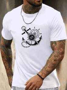 Intertwined Anchor And Rudder Symbolize Strength, Direction, And Freedom At Sea. Modern, Casual, Comfortable Men's T-Shirt - White - View 1