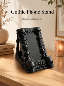 3D Printed Gothic Skull Phone Holder, Dark Style Desktop Ornament, Creative Gift For Horror Enthusiasts, Horror Themed Home Decor, Halloween Decoration, Niche Culture Decor, Gaming Room Decor - Multicolor - View 4
