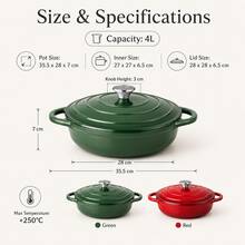4L Round Enamel Cast Iron Pot With Lid And Dual Side Handles, 28cm Red Green Braising Stew Pot - View 4