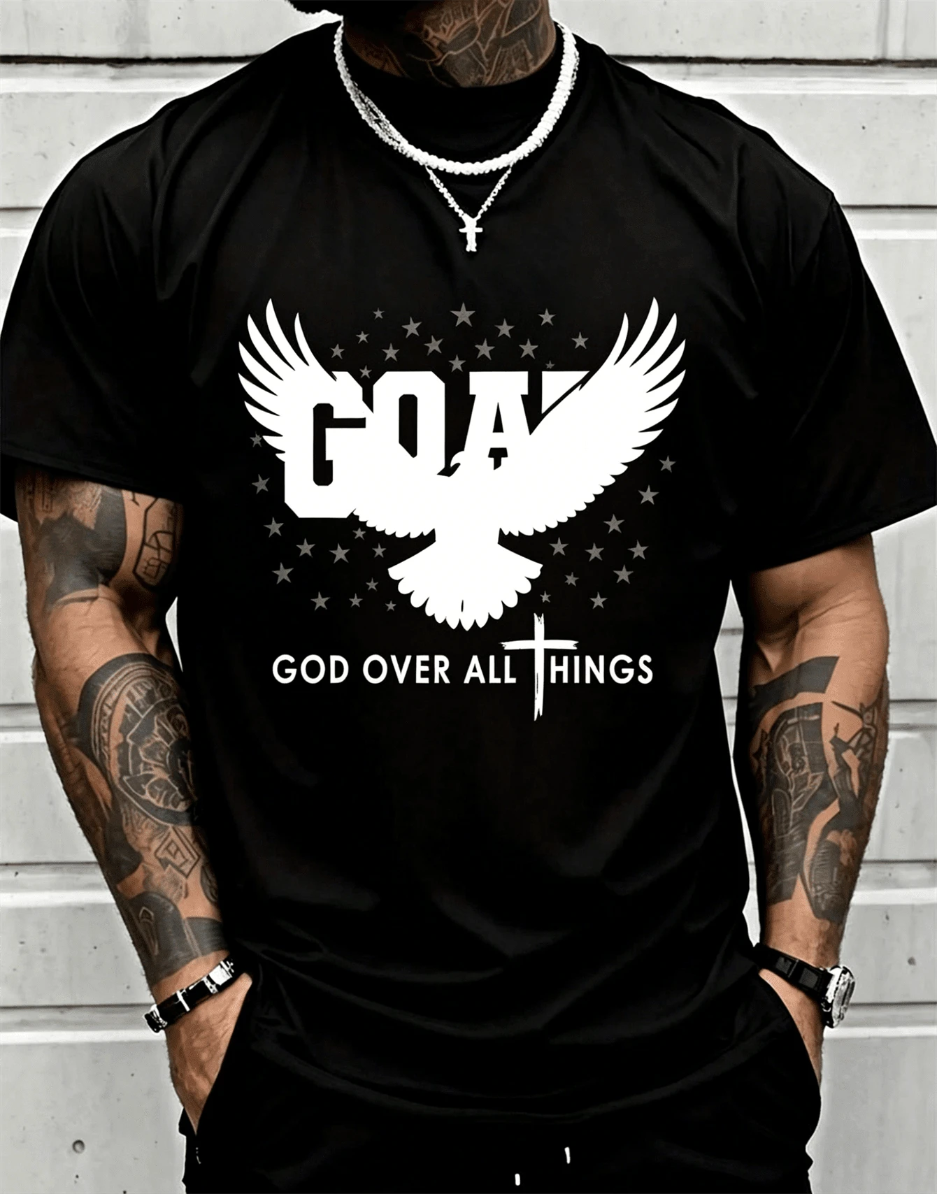 Camiseta 100% Algodón con Estampado Divertido de Jesús Dios de las Cabras, Manga Corta, Cuello Redondo, Estilo Casual, Adecuada para Todas las Temporadas - Blanco y Negro - Ver 1