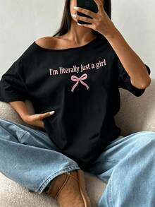200g Cotton  1 Piece Loose Fit T-Shirt With Off-The-Shoulder Neckline, Slogan And Butterfly Details, Oversized Style Y2K, Pink Graphic T-Shirt For Women - 黑色 - 查看 5