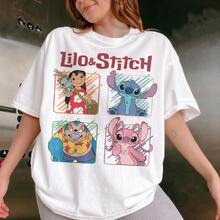 Disney Women Pure Cotton T-Shirt, Cute Lilo And Stitch Tee Four Panel Cartoon Characters Vintage Sketch Daily Oversized Short Sleeve - 白色 - 查看 1