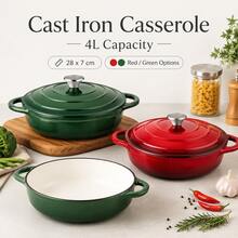 4L Round Enamel Cast Iron Pot With Lid And Dual Side Handles, 28cm Red Green Braising Stew Pot - View 2