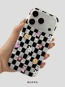 GIIPPA 1pc Black & White Grid And Ditsy Floral Pattern Design Phone 17 Pro Max Phone Case, Compatible With Phone 16 Pro Max, 15 Pro Max, 14 Pro Max, 11/12/13/14/15/16 Pro Max Plus, Korean Style High-End Fashion Fun Elegant Design For Men And Women, Perfect Gift For Girlfriend On Christmas, Valentine's Day, Easter, Wedding Season And Birthday! - Multicolor - View 4