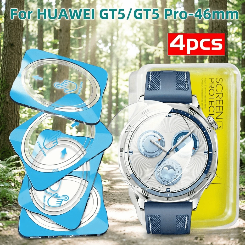 4pcs/Pack Screen Protector For Huawei Watch GT5/GT5 Pro Series Smartwatch, With Auto-Alignment Installation Kit, 9H Hardness. 5D Curved Edge, Scratch-Resistant, Bubble-Free, Precise Fit - 0. 33mm Ultra-Thin Design, One-Click Easy Installation, Dust-Proof And Shock-Resistant, Sensitive Touch, 1:1 Size Template Perfect Fit, Specifically Designed For Huawei Smartwatch GT5/GT5 Pro. - 4pcs, a Positioning Tool, for GT5 Pro 46mm - View 1