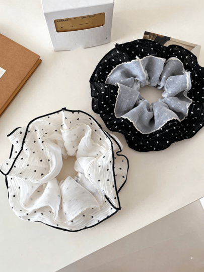 1pc French Gentle Style Black & White Polka Dot Large Scrunchie, Premium Quality Ponytail Hair Tie, Elegant Mesh Hair Rope Hair Accessory For Women