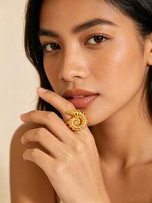 1pc Conch Shell Shaped Open Ring, Gold/Silver Color Options, Adjustable Niche Design Ring, Versatile Women's Accessory - Silver - View 3