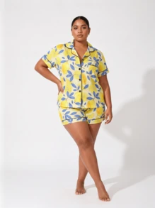 Snug League Marira Curve 2pcs/Set Cute Lemon Print Bow Decor Plus Size Ladies Pajama Set, Includes Short Sleeve Shirt With Collar & Button - Yellow - View 6