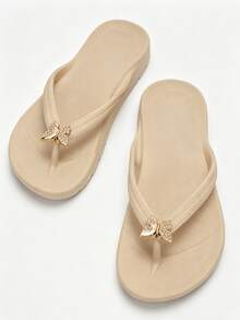 Sandal Jepit Wanita Berhiaskan Kupu-kupu Rhinestone, Sol Tebal EVA Ringan Anti Selip, Sandal Pantai Musim Panas Tahan Air - Khaki - View 5
