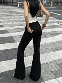 Women's Autumn/Winter Long Pants, Casual Slim Fit Black Solid Color High Waist Flared Pants, Street Style, Suitable For Daily Wear, Date, Commute, Elastic Flare Pants - Black - View 4