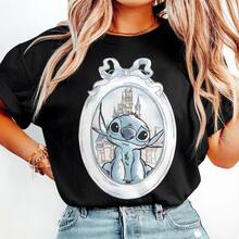 Officially Licensed Disney Lilo & Stitch Cotton Tee, Pastel Bow Oval Frame Stitch Magic Castle Watercolor Print White Women Casual Short Sleeve Top - 黑色 - 查看 1