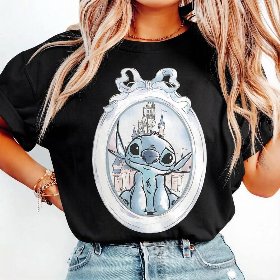 Officially Licensed Disney Lilo & Stitch Cotton Tee, Pastel Bow Oval Frame Stitch Magic Castle Watercolor Print White Women Casual Short Sleeve Top - 黑色 - 查看 1