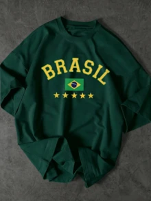 1件青少年男孩夏季巴西國旗 BRASIL 字母印花短袖T恤，酷足球運動風圓領上衣，深綠色舒適百搭校園休閒熱門襯衫 - 墨綠色 - 查看 2