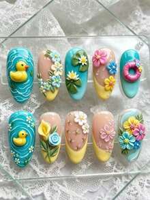 10 piezas de uñas postizas estilo dulce Y2K con diseño 3D de pato amarillo, flor y libélula, efecto iluminador, versátiles para uso diario - Amarillo - Ver 10