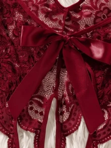 1pc Women's Sexy Open Crotch Lace Jumpsuit, Backless Sheer Bow Teddy, No-Removal Lingerie For Home Or Private Party - Burgundy - View 11