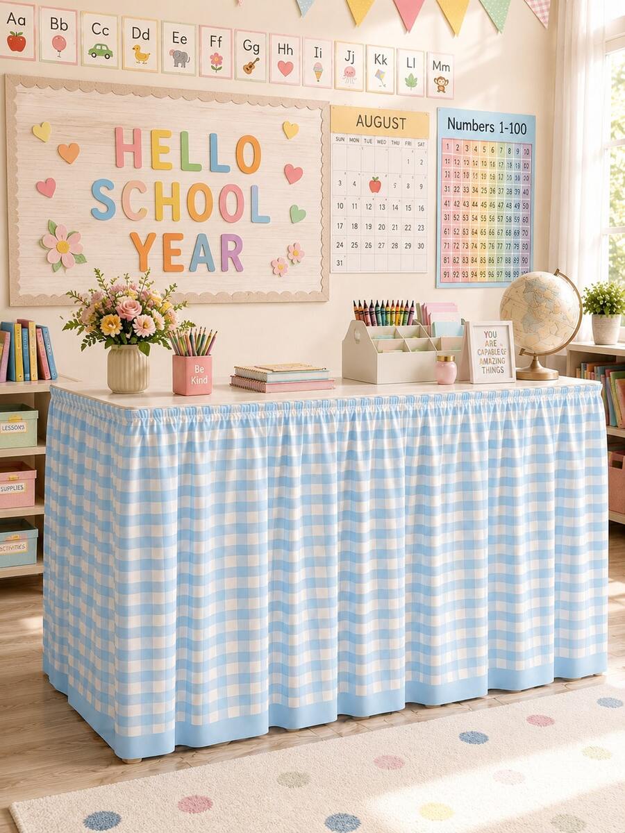 1 Stück Breling Lehrer Schreibtisch Rock, Schulanfang Klassenzimmer & Lehrer Schreibtisch Dekoration, Hellblau karierte Tischdecke Lehrer Schreibtisch Abdeckung, gefaltete karierte Schreibtisch Schürze geeignet für Klassenzimmer Aktivitäten & Partys - Verschiedenfarbig - Übersicht 1