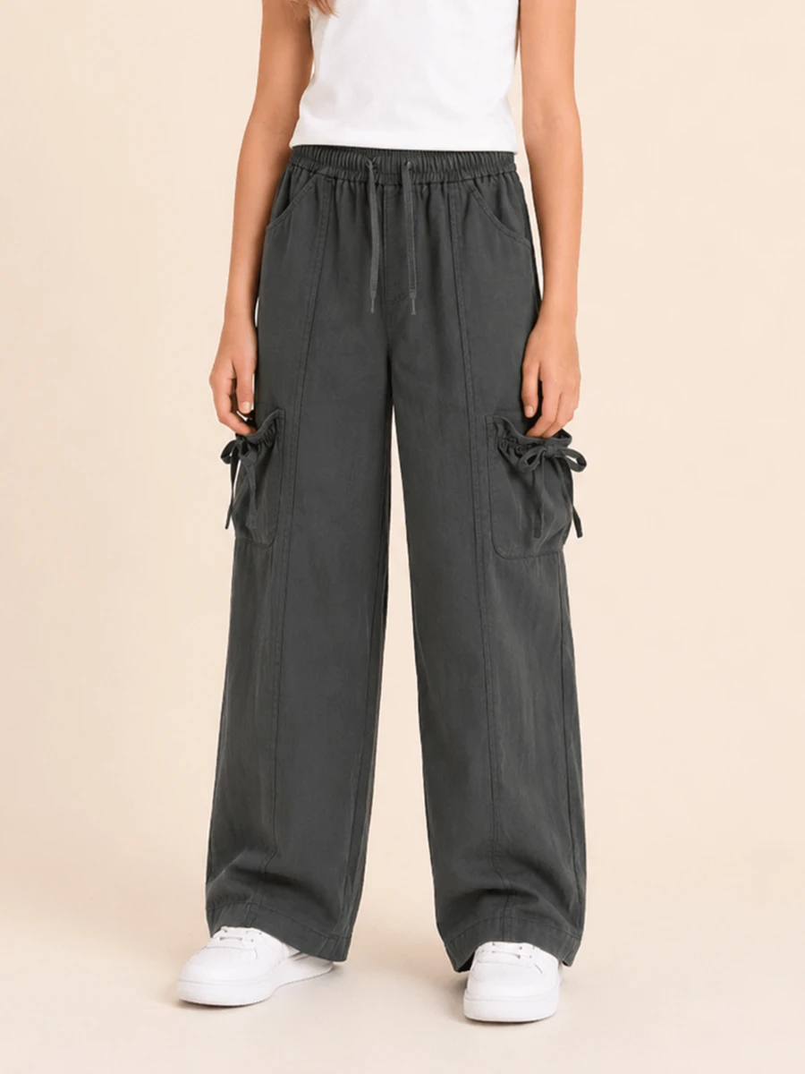 Balabala Tween Girl Drawstring Waist Pocket Design Loose Comfortable Casual Long Pants - Medium Gray - View 1
