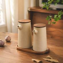 2pcs/1pc 250ml (8.8oz)/350ml (12.32oz) Ceramic Oil Bottle With Walnut Wood Sealed Lid, Round Kitchen Condiment Dispenser For Soy Sauce, Vinegar, Olive Oil And Peanut Oil - View 9