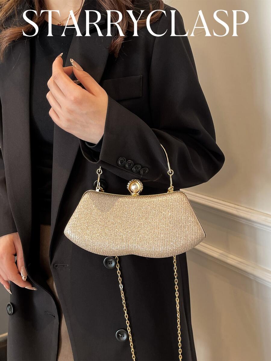 Premium Evening Clutch Bag With Pearl Clasp Design, Handheld And Crossbody Dual-Use Party Bag - Gold - View 1