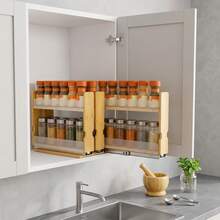 Bamboo Pull Out Spice Rack - Slide Out Seasoning Organizer For Cabinets, 8 Inch Narrow Design, Two-Tier Vertical Storage, Heavy Duty Natural Material - Natural - View 2