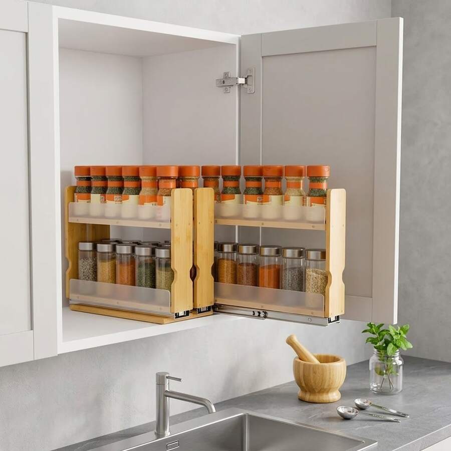 Bamboo Pull Out Spice Rack - Slide Out Seasoning Organizer For Cabinets, 8 Inch Narrow Design, Two-Tier Vertical Storage, Heavy Duty Natural Material