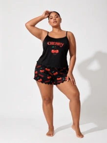 Snug League Plus Size Women's Sleepwear Set, Cherry Letter Print Camisole And Shorts, Loose And Comfortable, Summer Pajamas - Black - View 2