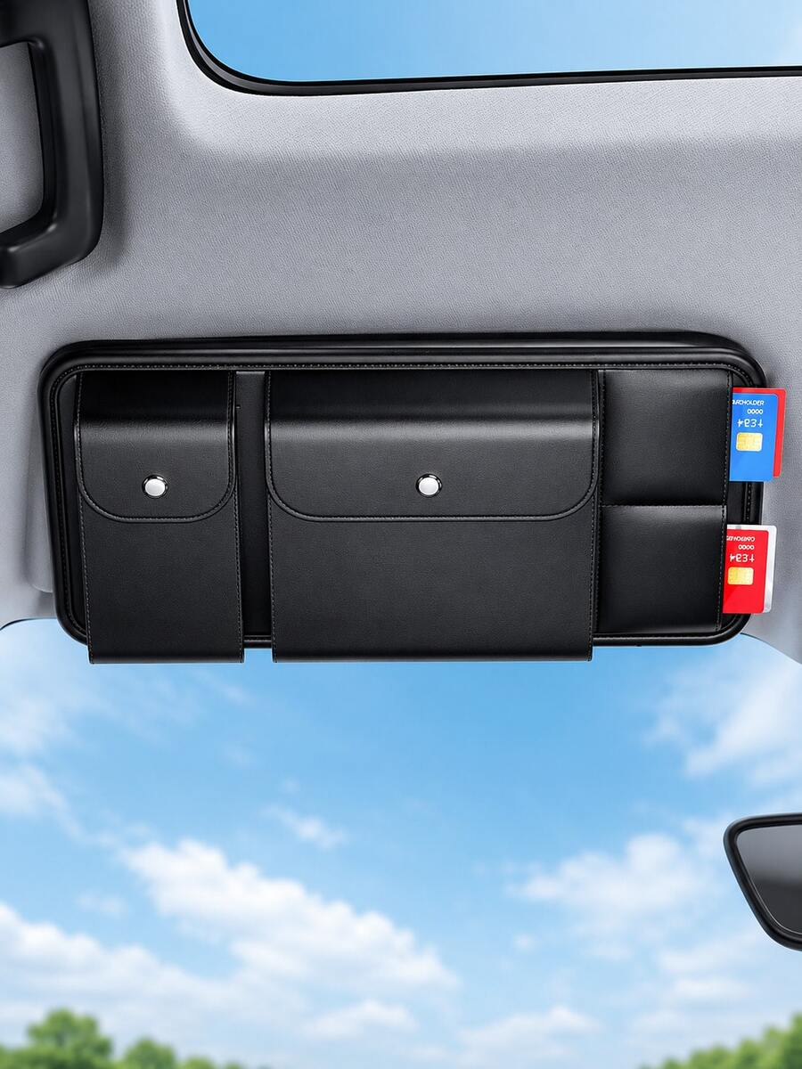 PU Leather Car Sun Visor Organizer, Multi-Pocket Storage Bag Suitable For Fashion Glasses, Cards And Driver's License, Essential Practical Interior Accessory For Cars