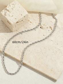 1pc Stainless Steel Twisted Rope Chain Necklace 60cm Long Unisex Hip-Hop Style Versatile Plain Chain Non-Fading Hypoallergenic - Silver - View 3