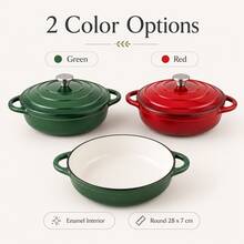 4L Round Enamel Cast Iron Pot With Lid And Dual Side Handles, 28cm Red Green Braising Stew Pot - View 5