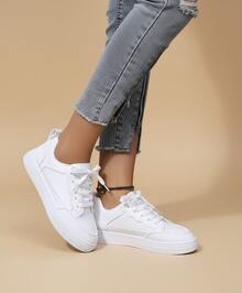 Women White Sneakers Spring Autumn Sport Running Shoes Casual Lace Up Flat Skid-Proof Shoes - White - View 4