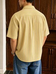 FRACTYR Men's Summer Casual Short Shirt, Light Yellow With Grey And White Fine Vertical Stripes, Short Sleeve, American Vintage Lapel Full Button-Down Loose Dropped Shoulder Slouchy Style Outerwear Casual Top, Fashionable And Versatile, Perfect For Daily Wear, Vacation And Street Style Looks. - Yellow - View 4