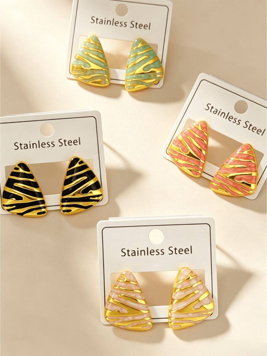 4 Pairs Elegant Style Stainless Steel Triangle Enamel Gold Earrings, Geometric Pattern Vintage Exquisite Office Earrings. Simple Fashion Stainless Steel Earrings Suitable For Women's Daily Wear, Also A Great Gift For Female Friends. (Optional 1/4) - Multicolor - View 1
