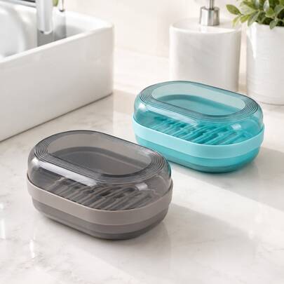 2pcs Gray + Random Color Soap Box Set, Lidded Double-Layer Soap Dish With Removable Drain Tray For Bathroom Dorm Travel