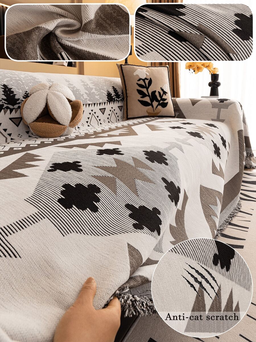 1pc All-Season Bohemian Non-Slip Sofa Cover, High-Weight Chenille Material, Premium Geometric Pattern Sofa Throw, Pet-Friendly Machine Washable Sofa Protector, Tassel Trim Vacation Blanket, Suitable For 1/2/3/4 Seater And Sectional Sofas, Perfect For Living Room Bedroom Sofa Decor, Home Decor Supplies - Chocolate Brown - View 1