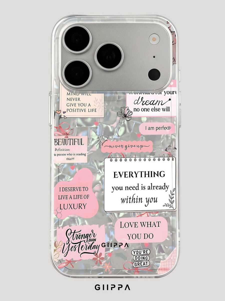 GIIPPA 1pc English Letter Slogan Pattern Design Phone Case, Compatible With Phone 17 Pro Max, 16 Pro Max, 15 Pro Max, 14 Pro Max, 11/12/13/14/15/16 Pro Max Plus, Korean Style High-End Fashionable & Fun Elegant Design, Unisex, Perfect Gift For Girlfriend For Christmas, Valentine's Day, Easter, Wedding Season And Birthday! - Multicolor - View 1