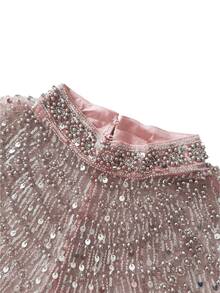 Stunning Arabic Style Formal Gown, Stand Collar Design, Cape Sleeves With Feather Decor, Full Body Sequin Embroidery - Pink - View 5