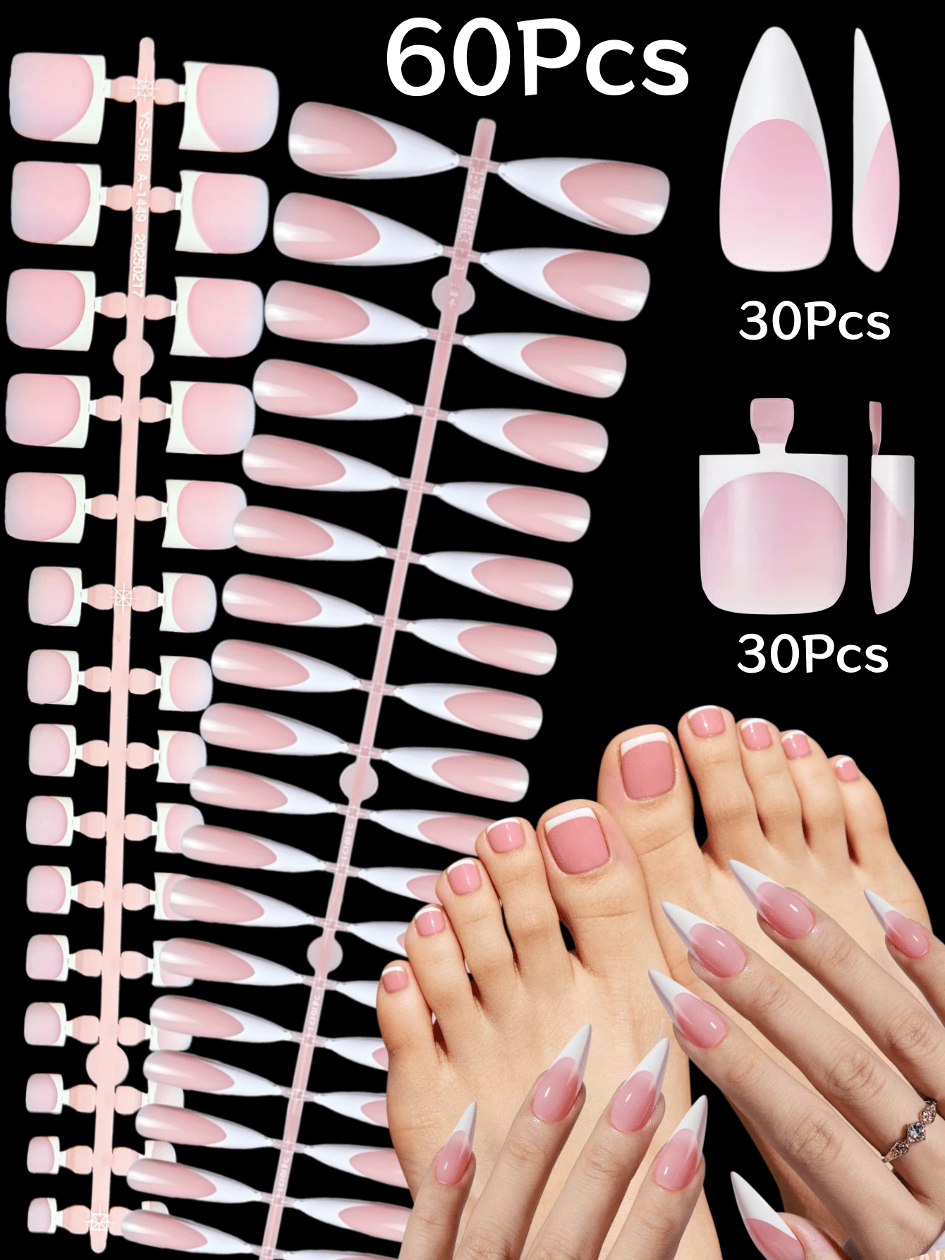 60片短方型/長尖型法式美甲假指甲，粉色與白色法式美甲美甲套裝，15種尺寸，簡約百搭風格，適合女性，四季皆宜 - 粉色 - 查看 1